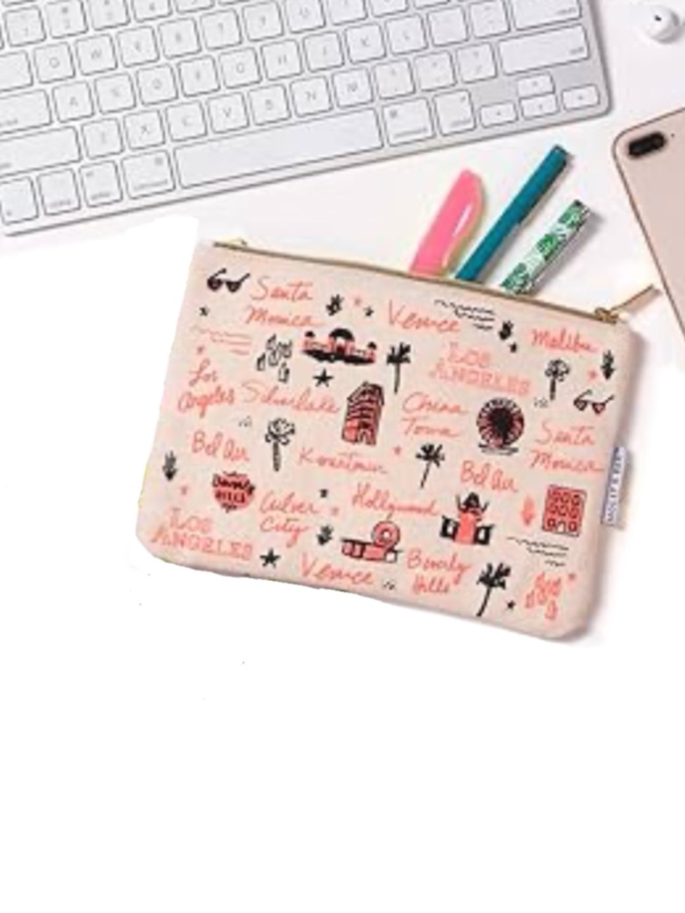 Los Angeles Script Zip Pouch in Cream Canvas and Coral Print